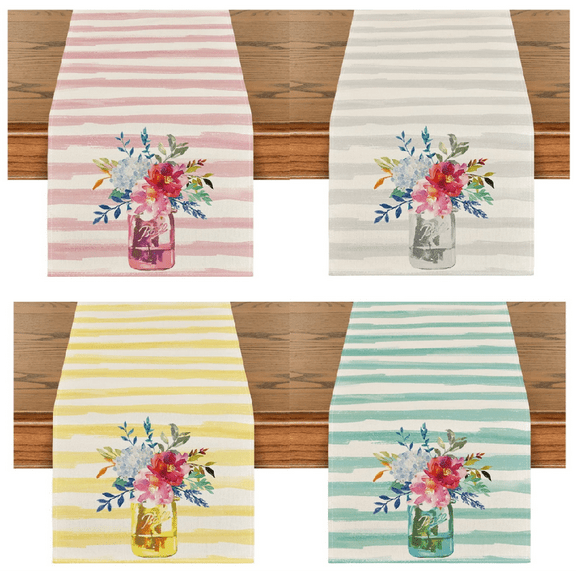 Watercolor Stripes Flower Vase Spring Table Runner, Seasonal Holiday Kitchen Dining Table Runner for Home Party Decor 13 x 72 Inch