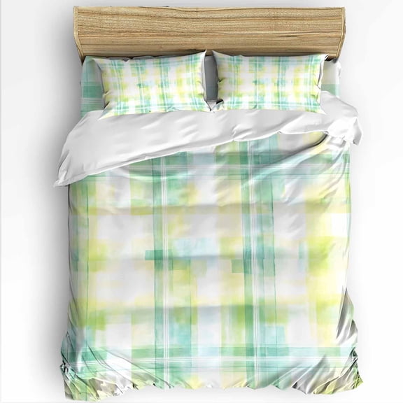 Watercolor Stripes Full Size Comforter Set, Green Yellow Plaid Spring Soft Bedding for All Seasons, 4 Pcs Bed Set with 1Comforter (86"x86") ,1 Sheet(80"x116"), 2 Pillowcases (19"x29")