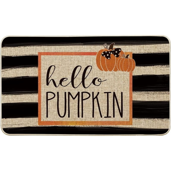 Watercolor Stripes Hello Pumpkin Decorative Doormat, Seasonal Fall Harvest Vintage Thanksgiving Low-Profile Floor Mat Switch Mat for Indoor Outdoor 17x30 Inch