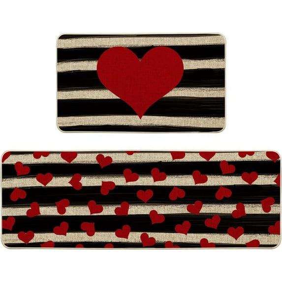 Watercolor Stripes Love Heart Kitchen Mats Set of 2, Seasonal Valentine''s Day Anniversary Wedding Holiday Low-Profile Floor Mat for Home Kitchen - 17x29 and 17x47 Inch