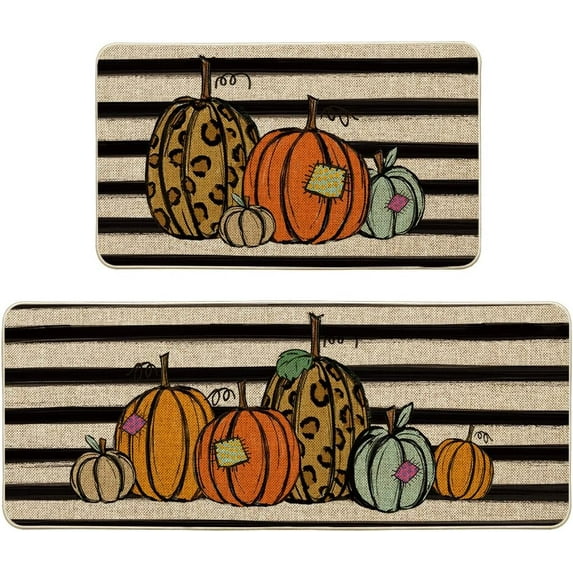 Watercolor Stripes Pumpkin Decorative Kitchen Mats Set of 2, Home Seasonal Fall Holiday Party Autumn Harvest Thanksgiving Vintage Low-Profile Floor Mat - 17x29 and 17x47 Inch