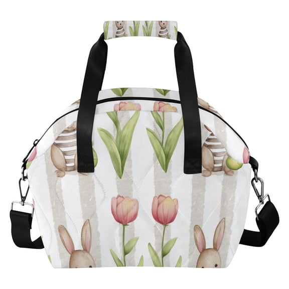 Watercolor Stripes Rabbits Tulips Easter Insulated Lunch Bag Reusable Quilted Lunch Box Waterproof Leakproof Lunch Container