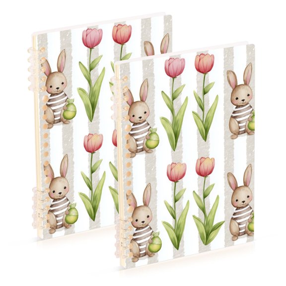Watercolor Stripes Rabbits Tulips Easter Notebook Detachable Coil Notebook Diary Plan Book A5 Size 60 Pages 1 Pack