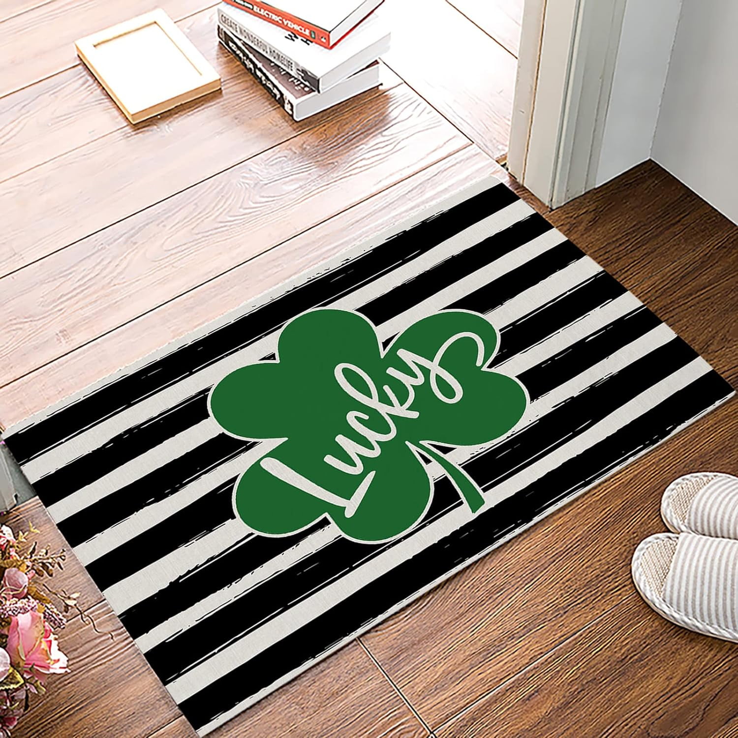 Watercolor Stripes Shamrock Lucky Clover Spring Indoor Doormat NonSlip