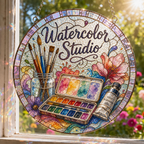 Watercolor Studio Stained Glass Suncatcher for Window Hanging Gift for Painters