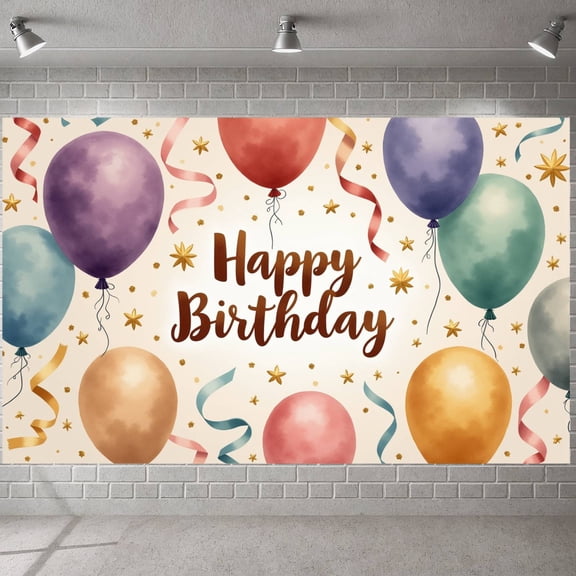 Watercolor Style Banner Pastel Balloon Design Party Backdrop Gold Ribbon Decor Celebration Background for Birthday Parties Indoor Gatherings Kid Celebrations