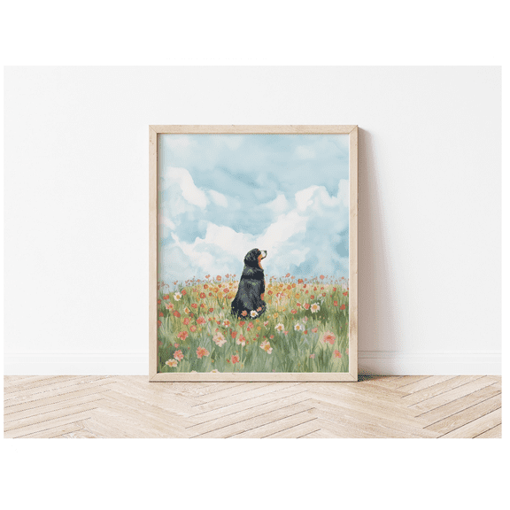 Watercolor Style Bernese Mountain Dog In Flower Field Wall Art Dog Wildflower Wall Art Animal Nature Poster Berner Decor Berner Mom Gift