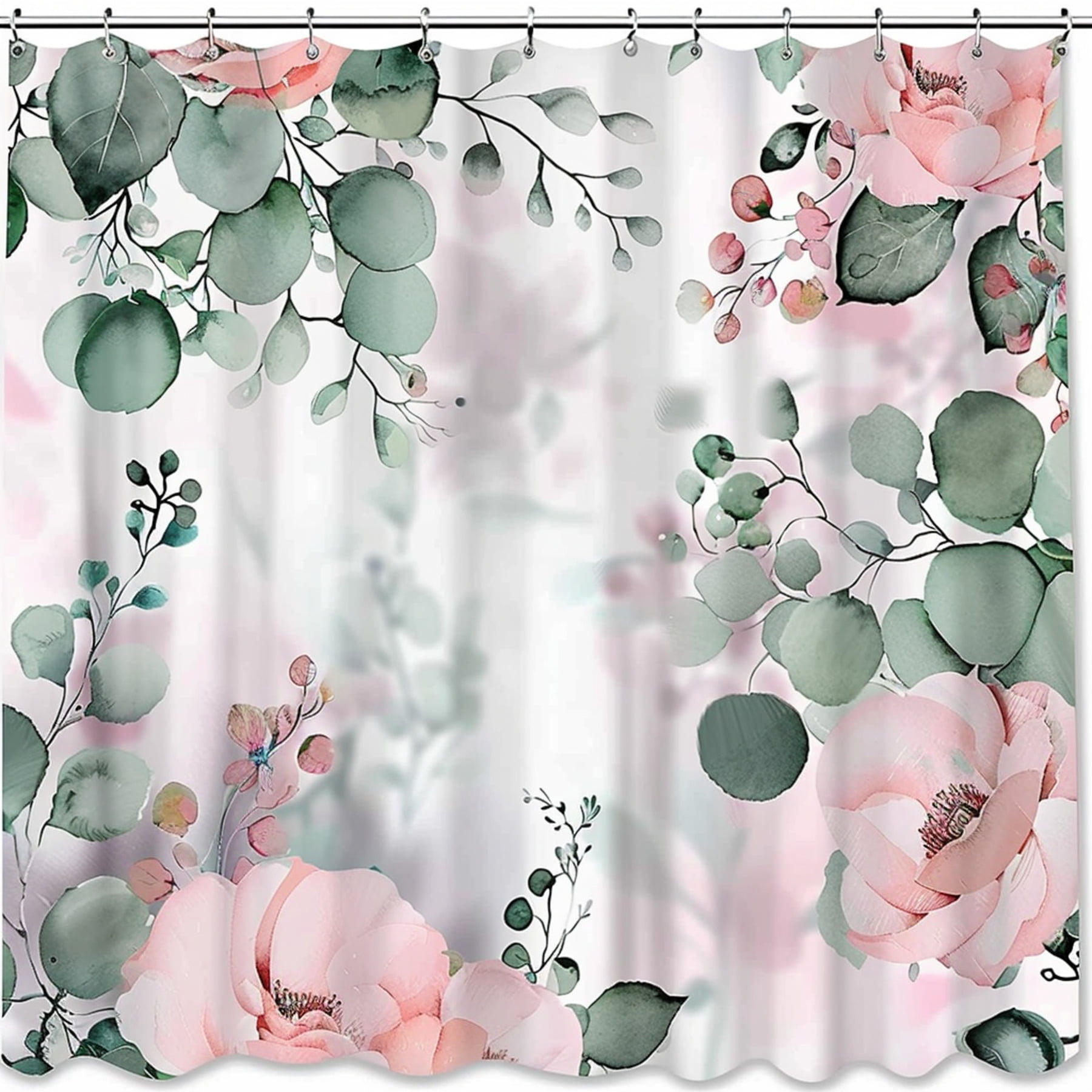 Watercolor Style Floral Leaves Pink Green Girls Bathroom Shower Curtain