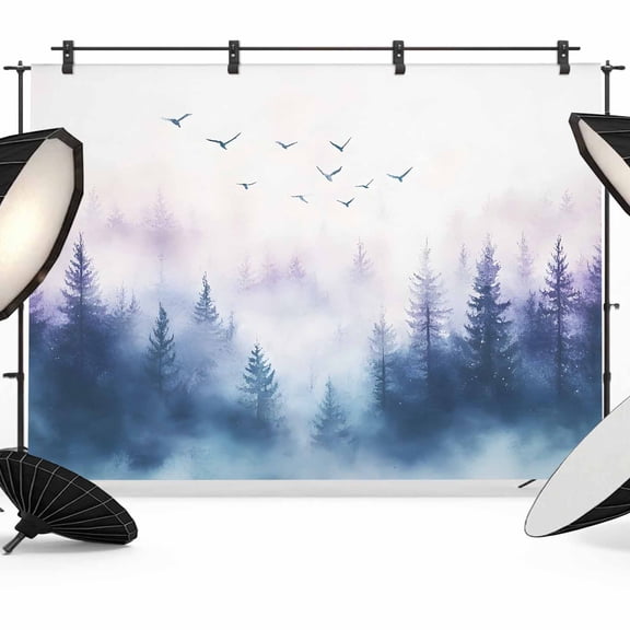 Watercolor Style Forest Backdrop for Photography, Silhouette Tree Bird Photo Backdrop Portrait Background Party Banner Photo Backgrounds for Studio Booth Props, 7x5ft