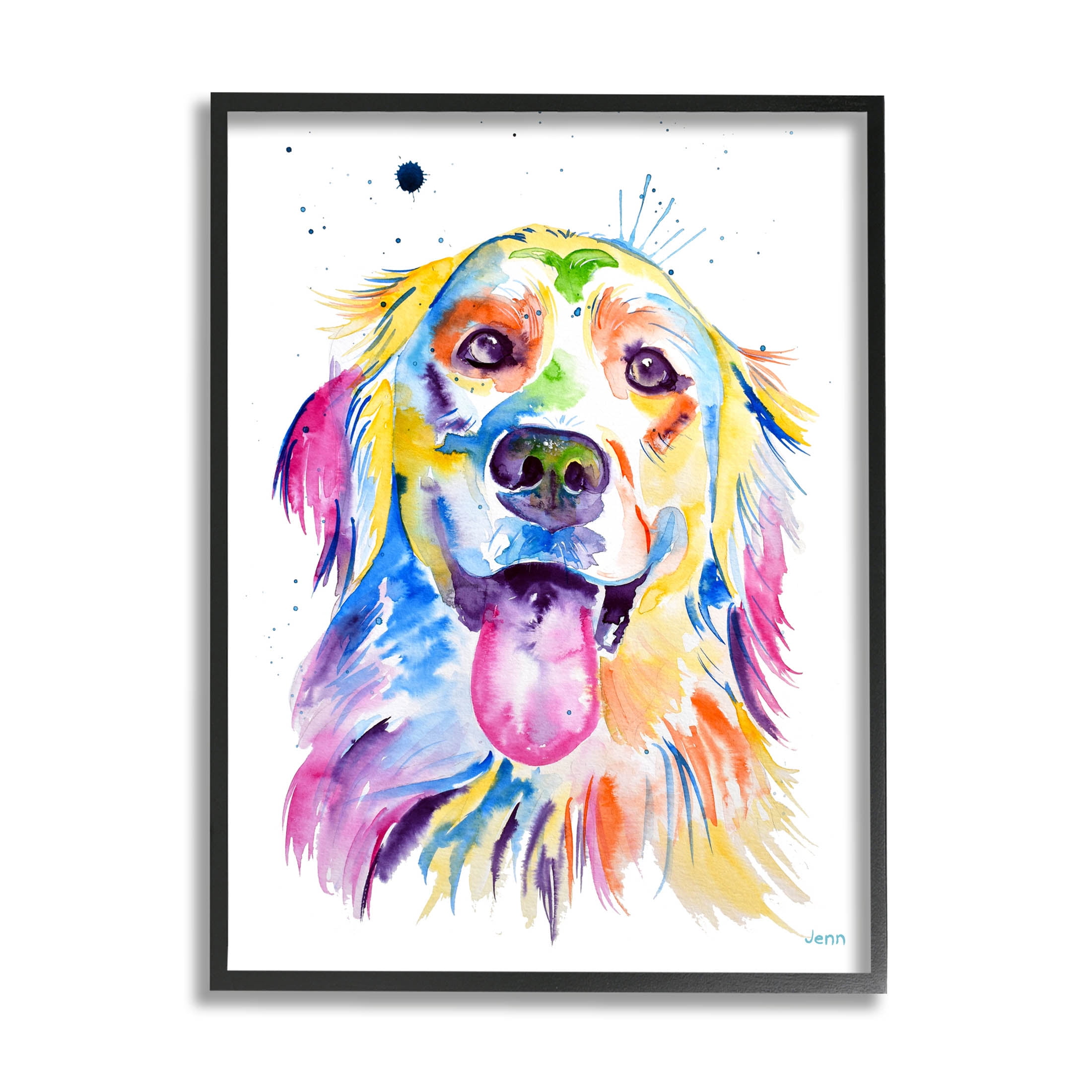 Watercolor Style Happy Dog Face Animals & Insects Graphic Art Black Framed Art Print Wall Art