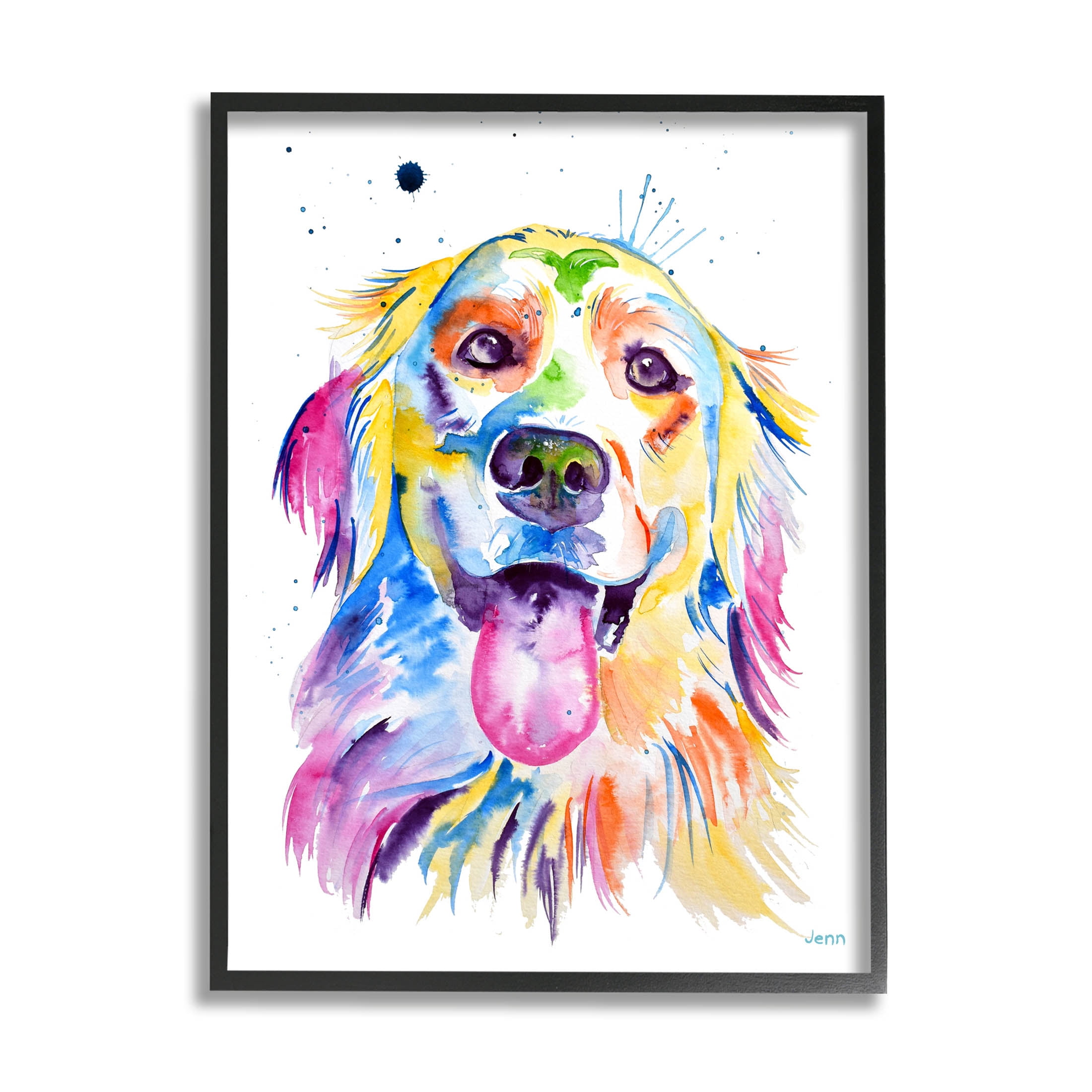 Watercolor Style Happy Dog Face Animals & Insects Graphic Art Black Framed Art Print Wall Art