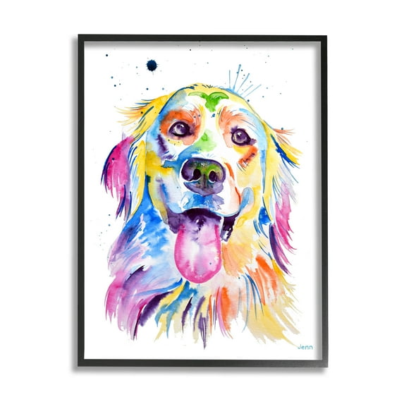 Watercolor Style Happy Dog Face Animals & Insects Graphic Art Black Framed Art Print Wall Art