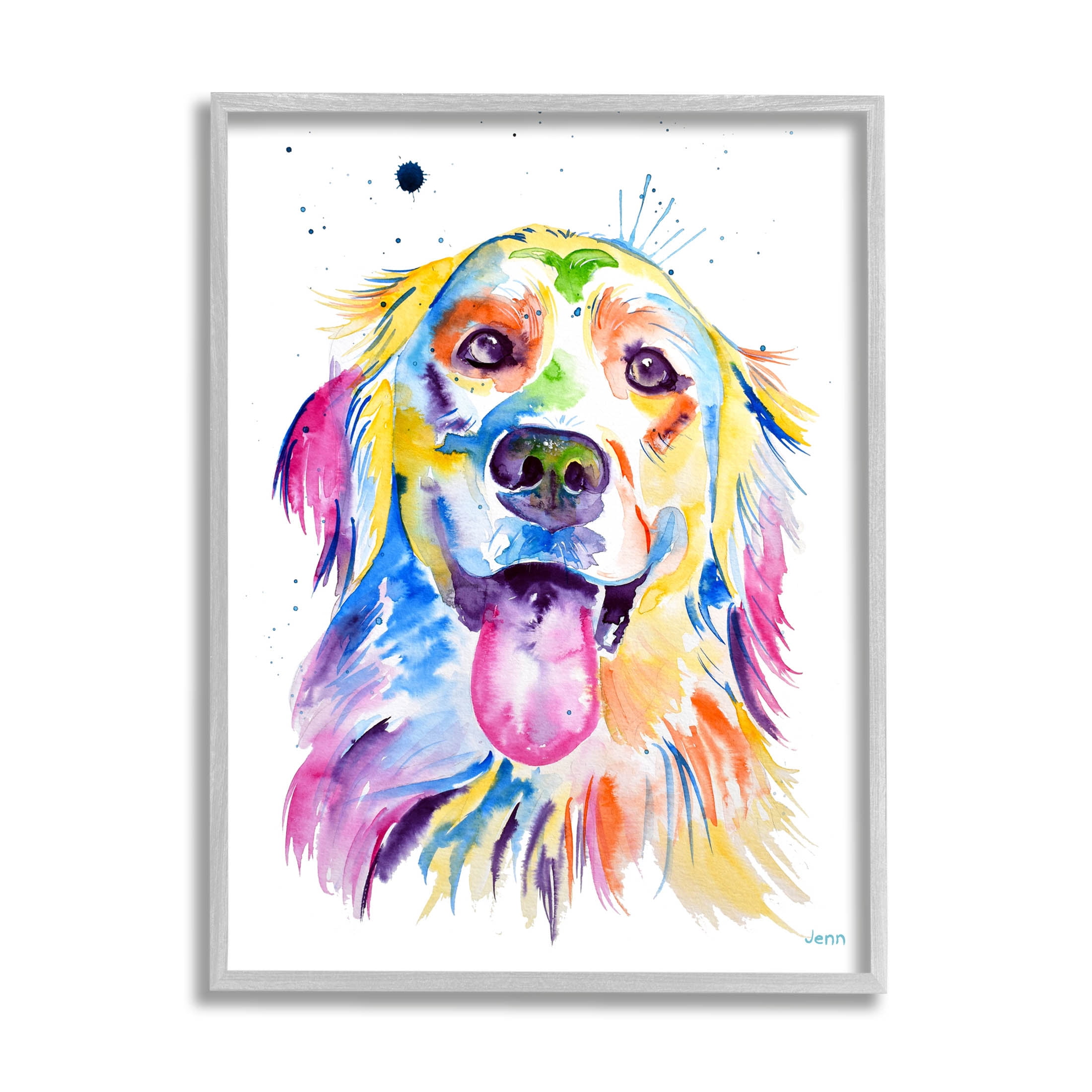 Watercolor Style Happy Dog Face Animals & Insects Graphic Art Gray Framed Art Print Wall Art