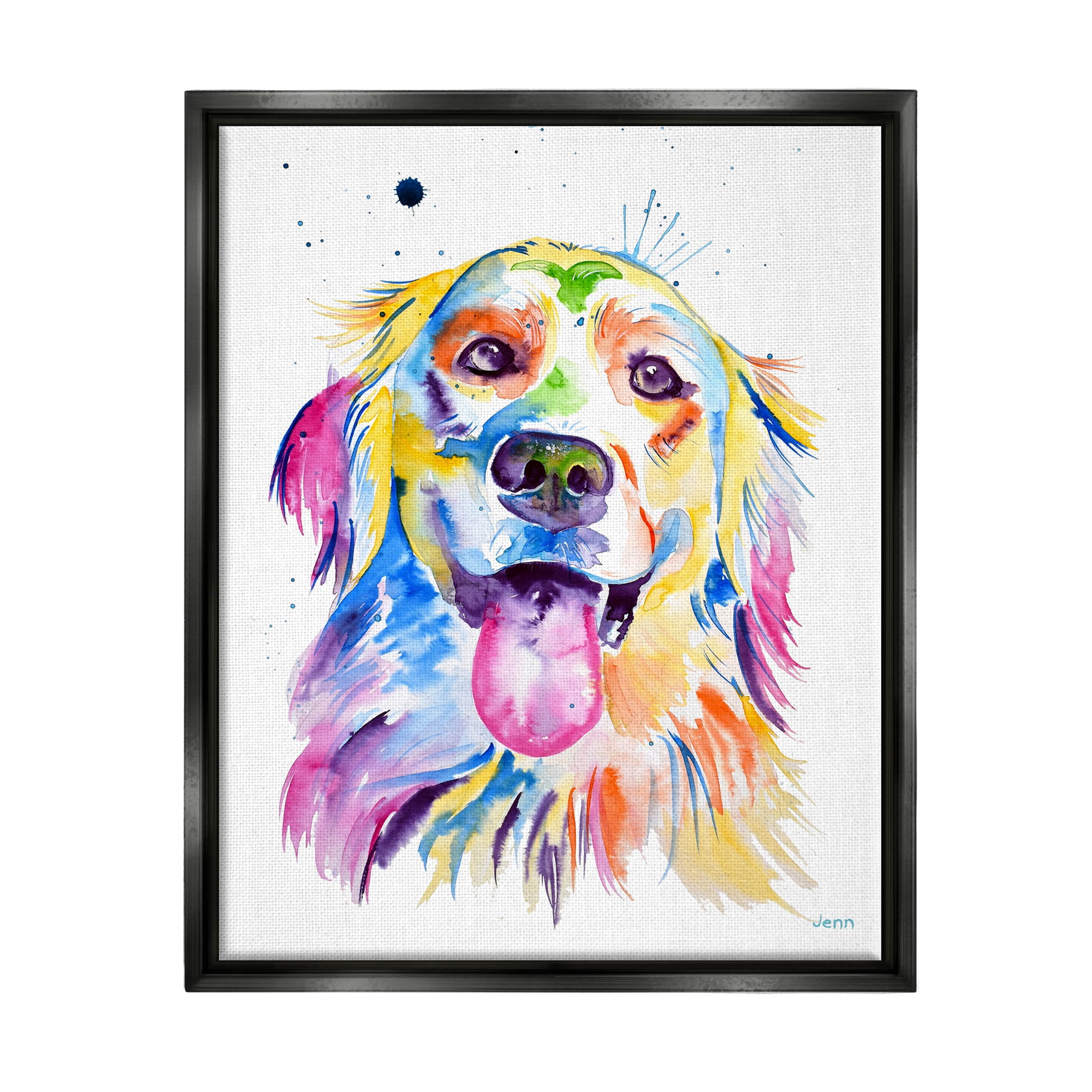 Watercolor Style Happy Dog Face Animals & Insects Graphic Art Jet Black Framed Art Print Wall Art
