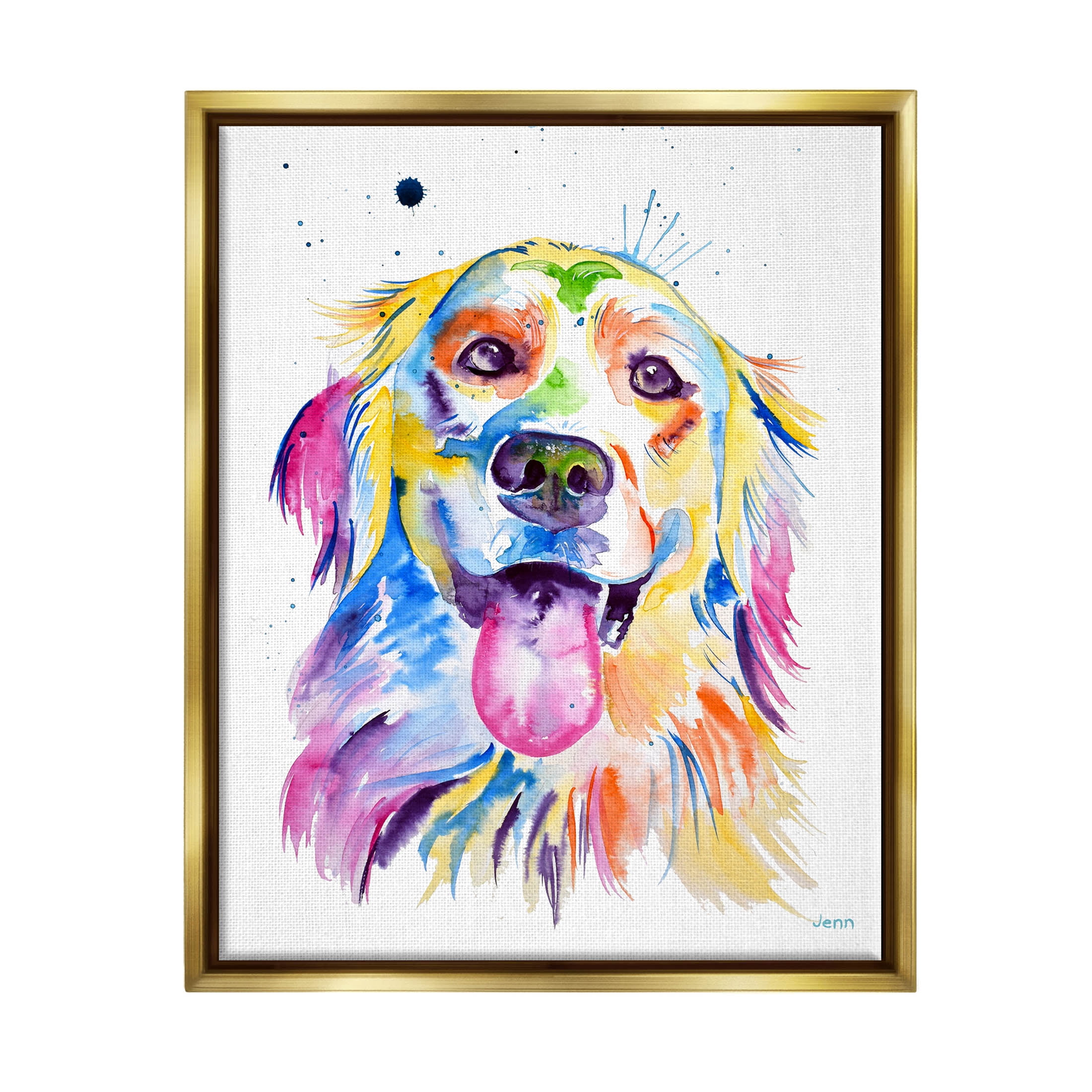 Watercolor Style Happy Dog Face Animals & Insects Graphic Art Metallic Gold Framed Art Print Wall Art