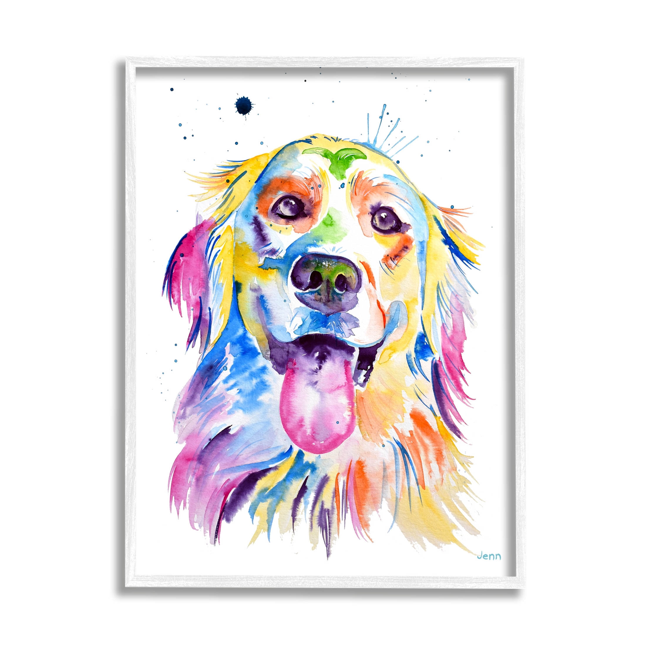 Watercolor Style Happy Dog Face Animals & Insects Graphic Art White Framed Art Print Wall Art