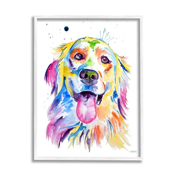 Watercolor Style Happy Dog Face Animals & Insects Graphic Art White Framed Art Print Wall Art