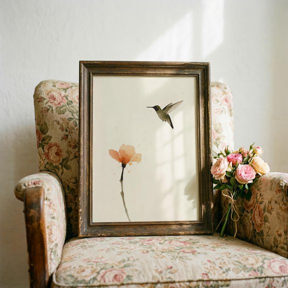 Watercolor Style Hummingbird Floral Art Print Nature Nursery Wall Decor Vintage Bird Illustration Cottagecore Decor