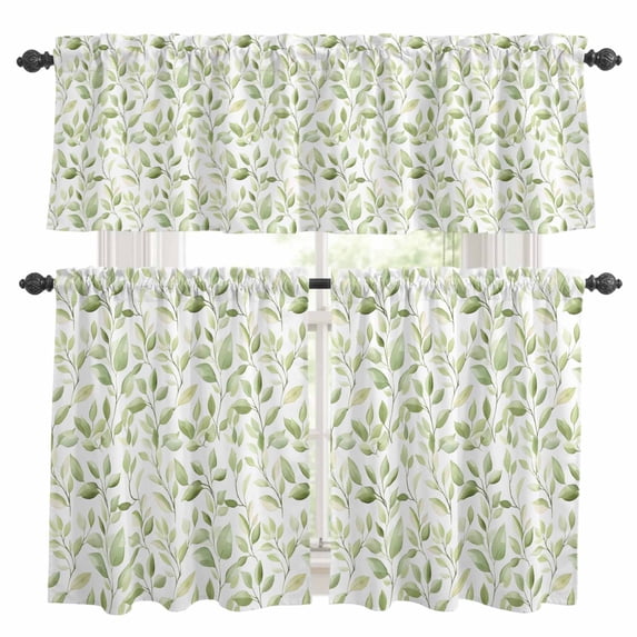 Watercolor Style Leaf Kitchen Curtains Valances and Tiers Set of 3 Country Green Leaves Plant Tier Curtains and Valance with Rod Pocket for Small Windows, 27.5"x36"