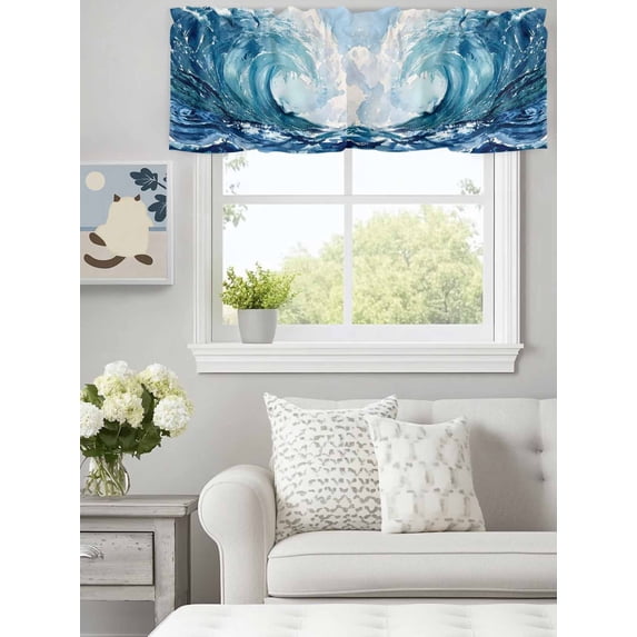 Watercolor Style Ocean Waves Valances for Windows,Kitchen Valance Rod Pocket Short Curtain, Abstract Surge Oil Painting Art Valance Curtain Window Valances for Bedroom Bathroom Living Room 60x18in