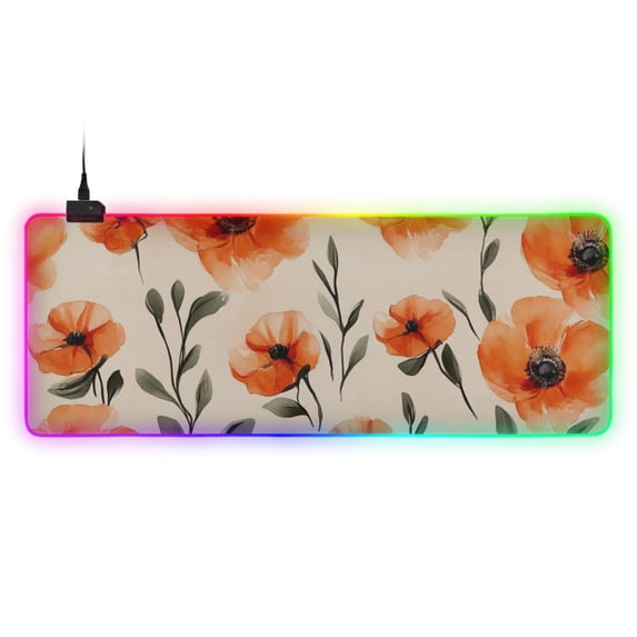 Watercolor Style Orange Flowers RGB Gaming Mouse Pad Large Keyboard Mat Rubber Base 13 Light Modes