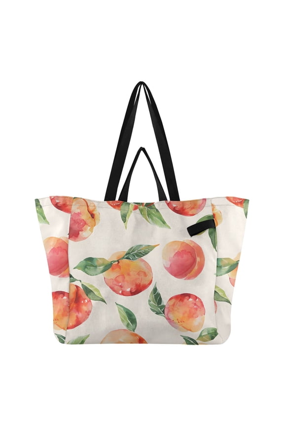 Watercolor Style Peaches Leaves Foldable Canvas Tote Bags Reusable Grocery Bags Laundry Bags Beach Bag 32L