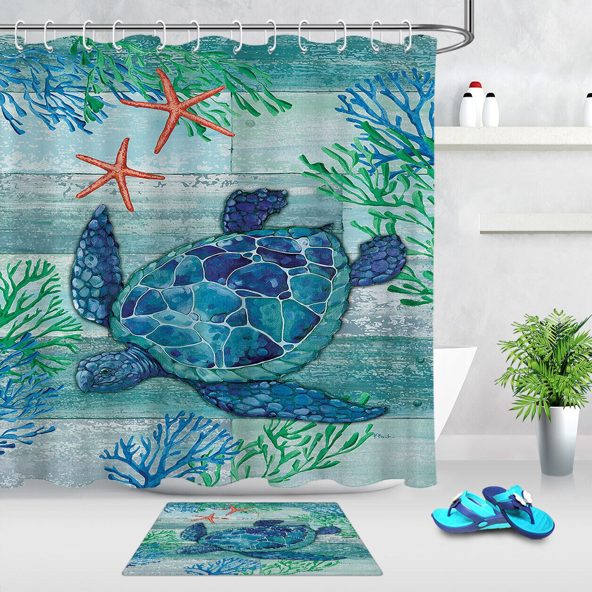 Watercolor Style Sea Turtle Starfish Corals Shower Curtain Set Bathroom
