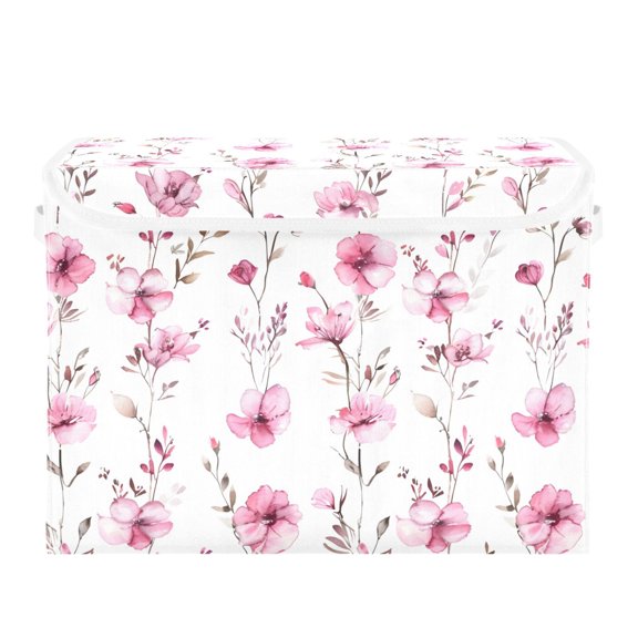 Watercolor Style Wild Flowers Spring Foldable Storage Bin with Lid and Handle Collapsible Storage Box 16.5 x 12.6 x 11.8 inches