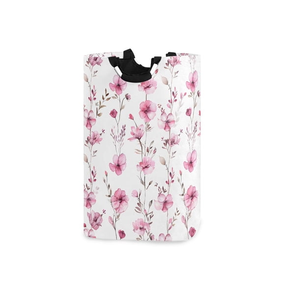 Watercolor Style Wild Flowers Spring Laundry Basket with Handles Foldable Laundry Hamper Freestanding Washing Bin 50L