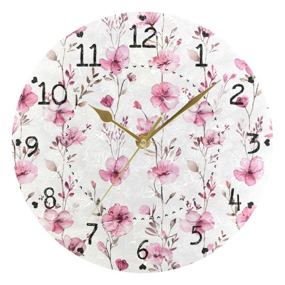 Watercolor Style Wild Flowers Spring Round Wall Clock Silent Analog Battery Operated Gold Pointer Home Decor 9.84" Diameter