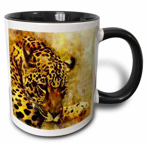 3drose, Watercolor Style with Leopard Gepard Wildlife Animal, 15oz Two-tone Black Mug