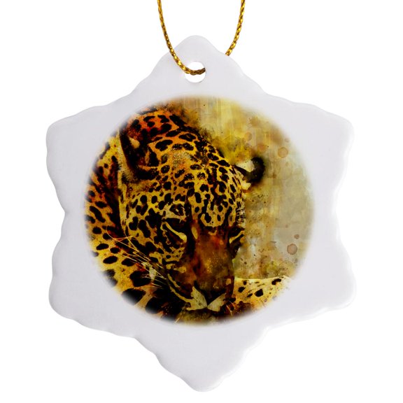 3drose, Watercolor Style with Leopard Gepard Wildlife Animal, 3 inch Snowflake Porcelain Ornament