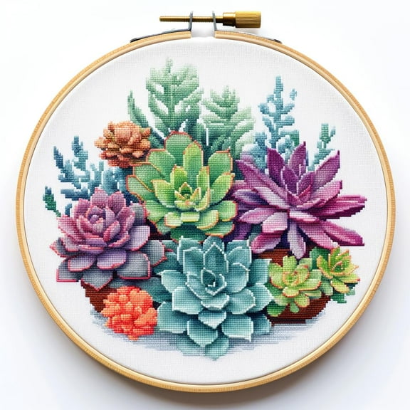 Watercolor Succulent Stamped Cross Stitch Kits for Beginners Easy with Hoop 11CT Needlepoint Embroidery DIY Counted Cross Stitch Kits Art Craft Wall Decor 35x35cm(1)