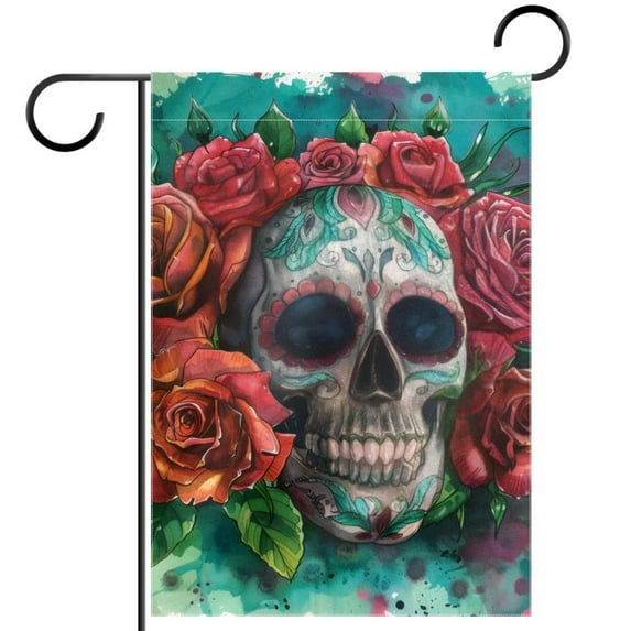 Watercolor Sugar Skull Rose Flower Double Sided Garden Flag Decorative Weather Resistant Yard Flag, Large DIY Vertical Flag for Farmhouse Patio Lawn, 28x40 Inch