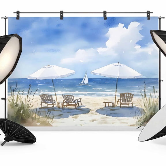 Watercolor Summer Beach Backdrop for Photography, Sun Umbrella Beach Chair Photo Backdrop Portrait Background Party Banner Photo Backgrounds for Studio Booth Props, 7x5ft