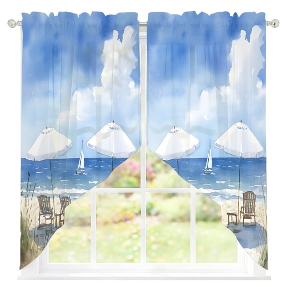 Watercolor Summer Beach Sheer Curtains Swag Valances for Windows Sun Umbrella Beach Chair Rod Pocket Swag Curtain Small Window Curtain for Kitchen Living Room Bedroom, 1 Pair 28"W x 36"L