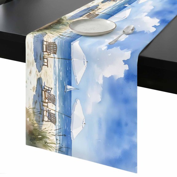 Watercolor Summer Beach Table Runner 13x36 Inch Sun Umbrella Beach Chair Table Runner Non-Slip Dresser Scarves for Holiday Decorations, Party, Dinner and Gatherings, 1 Pack