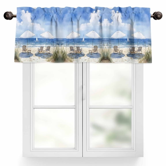 Watercolor Summer Beach Valances for Windows, 42 x 18in, Sun Umbrella Beach Chair Rod Pocket Kitchen Valance Curtain Light Filtering Window Treatments for Living Room Bedroom, 1 Panel