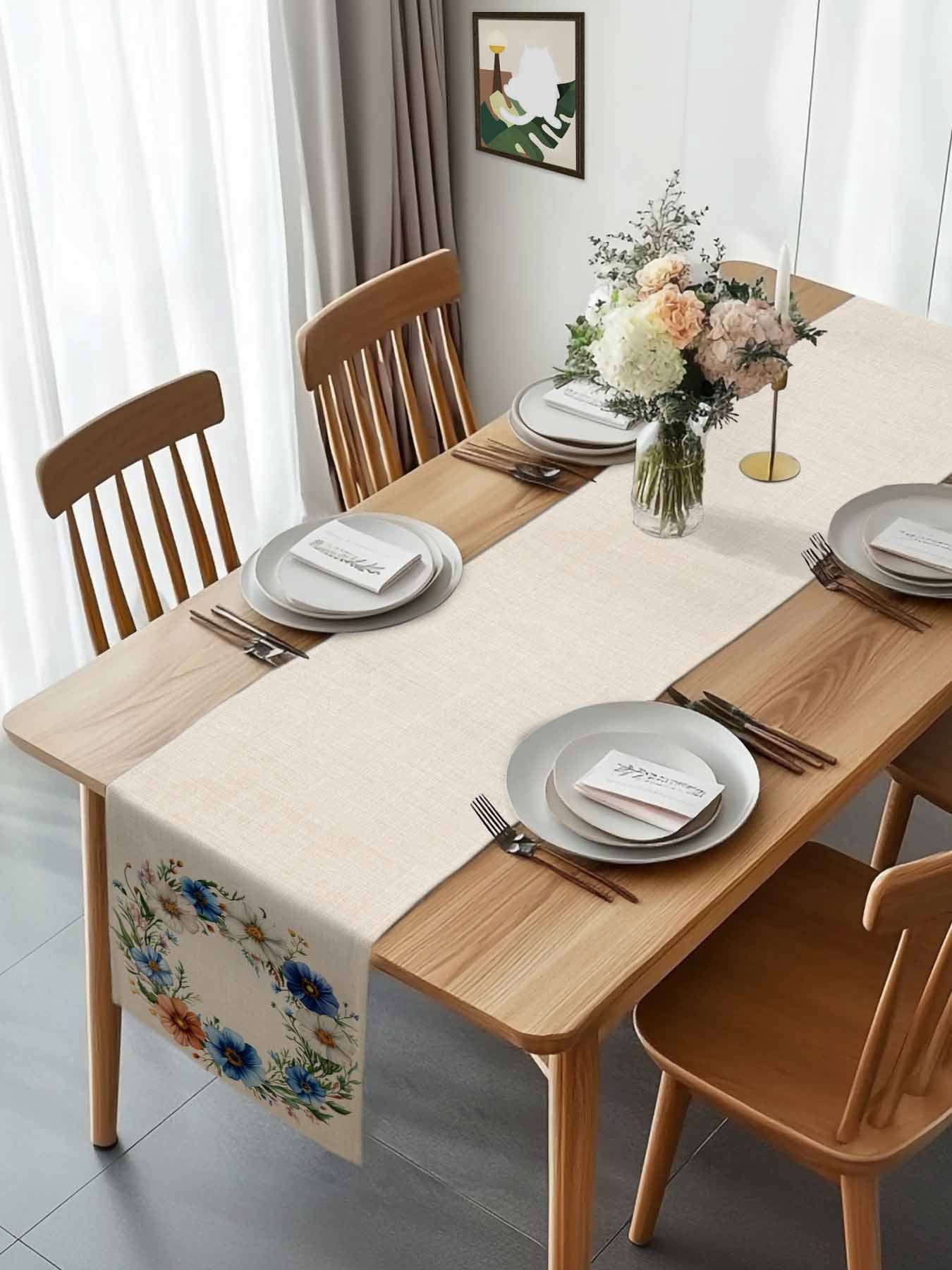 Watercolor Summer Flower Garland Table Runner 90 Inches Long, Beige Linen Background Table Runners Tabletop Scarf Kitchen Dining Tables Decoration for Home Party Indoor Outdoor