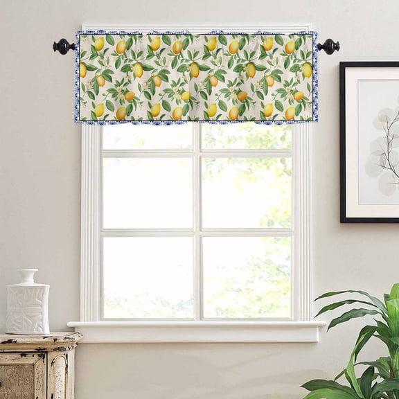 Watercolor Summer Lemon Seamless Window Valances for Kitchen,Rod Pocket Valance Privacy Small Curtain,Botanical Green Leaves Boho Edge Window Treatment Drapes for Bedroom Farmhouse Home Decor