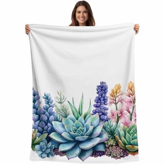 Watercolor Summer Succulents Blanket Soft Cozy Warm Throw Blanket for Couch, Plush Fuzzy Flannel Fleece Blankets for Sofa, Spring Floral Farmhouse Bed Blankets Lightweight Gifts for Women, 40"x50"