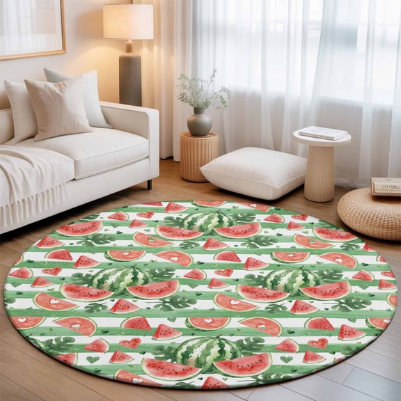 Watercolor Summer Watermelon Leaves Round Rug 5ft Green Stripes Washable Area Rugs for Living Room Bedroom Entryway Non Slip Entrance Door Mat Indoor Floor Carpet