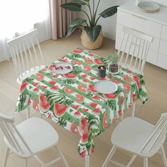 Watercolor Summer Watermelon Leaves Table Cloth 54x54in, Waterproof Square Tablecloth Wipeable Tablecloths Green Stripes Table Covers for Dining Tables Party Indoor Outdoor
