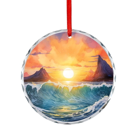 Watercolor Sun Rising Over Hawaii In The Ocean Glass Ornament Tropical Palm Trees Beach Sunset Crystal Ornament 2025 Xmas Decor Indoor Home Holiday Party Gifts