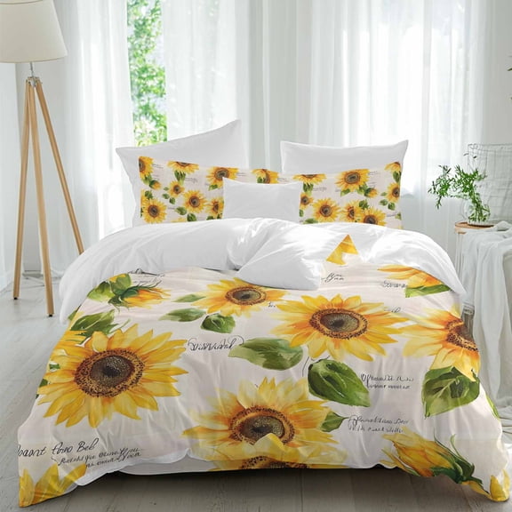 Watercolor Sunflower 4 Piece Duvet Cover Set California King Size Vintage Yellow Floral Soft Bedding Set Comforter Cover, 1 Duvet Cover 1 Flat Sheets and 2 Pillowcases