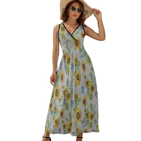 Watercolor Sunflower Background Sunflower Dress Fashion Boho Beach Long Dresses Female Party Printed Maxi Dress
