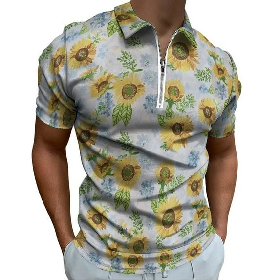 Watercolor Sunflower Background Sunflower Men Zipper T-shirt Summer Casual Short Sleeve T-shirt Top