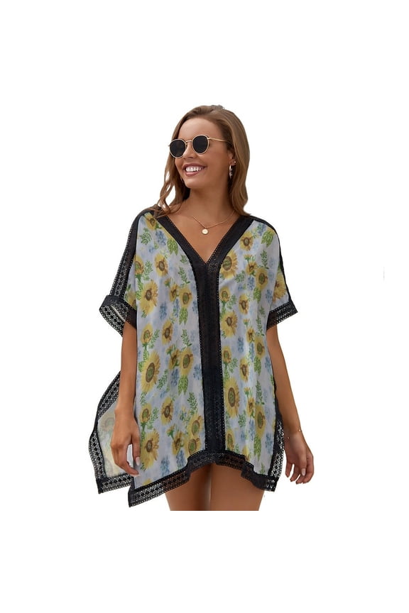 Watercolor Sunflower Background Sunflower Women's Swimsuit Coverup Summer Beach Cover Up Bathing Suit Dress