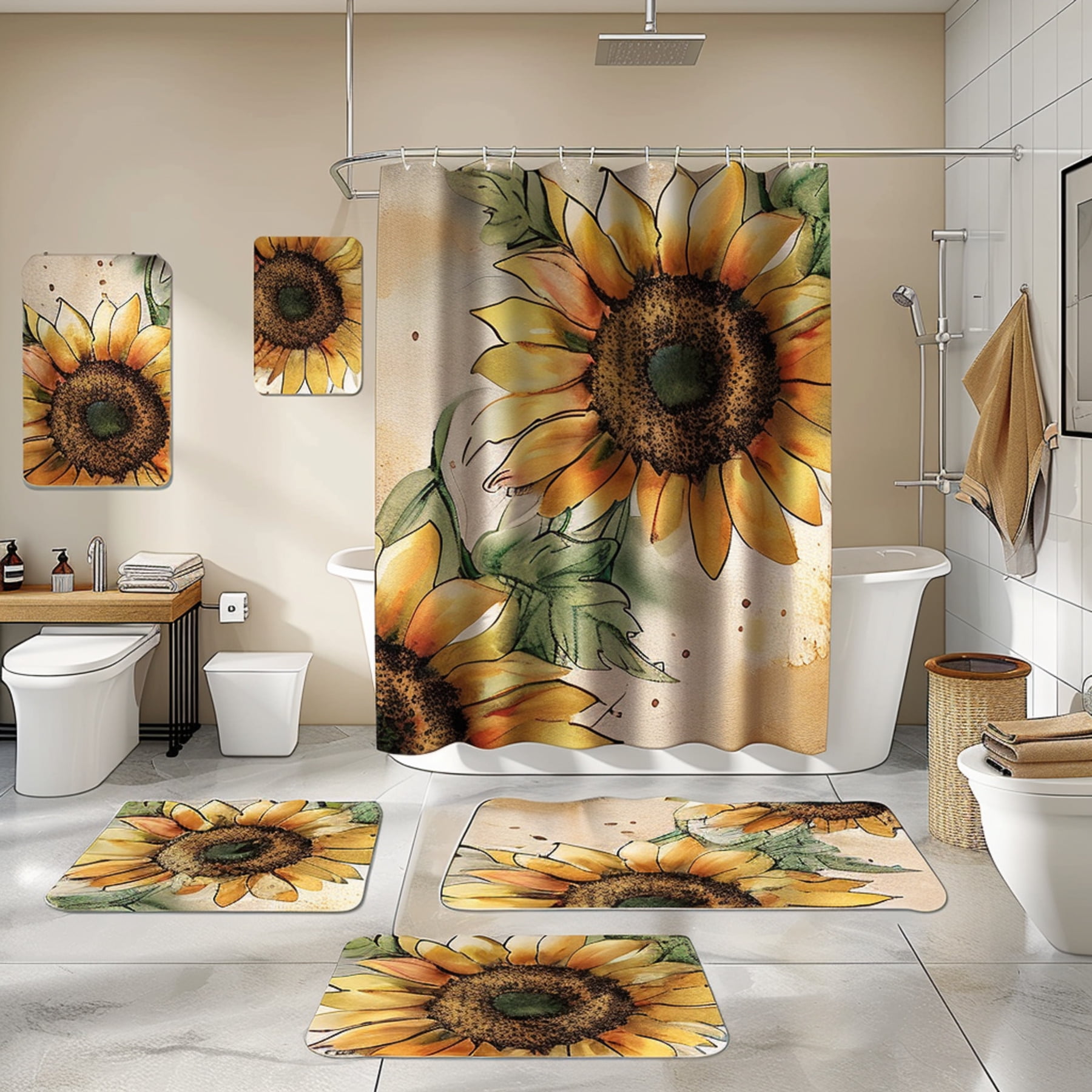 Sunflower Bathroom Set with Dark Brown Golden Yellow Watercolor Sunflowers Shower Curtain