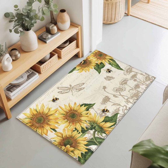 Watercolor Sunflower Bee Dragonfly Rectangle Area Rug 2x3ft,Living Room Rug Non-Slip Washable Circle Rugs Pad,Country Floral Retro Letter Soft Floor Carpet for Bedroom Dining Room